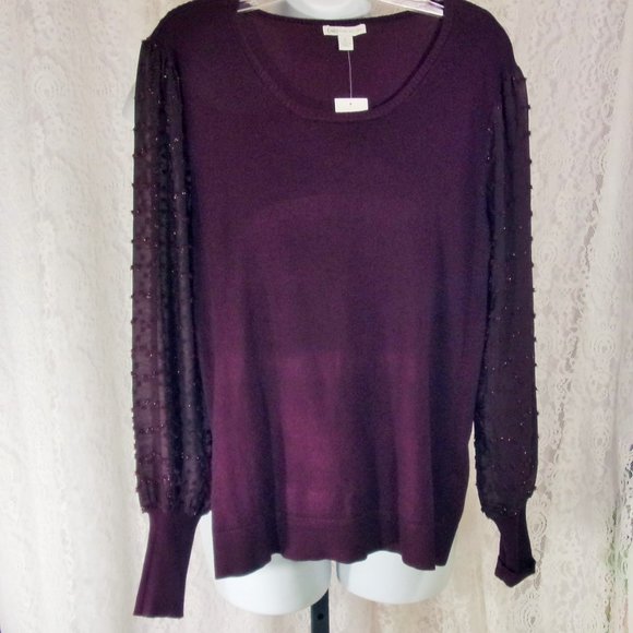 Femme Fatale Knit Sweater Dressy Chiffon Bling Sleeve Wine NWT Size Large - Picture 2 of 6